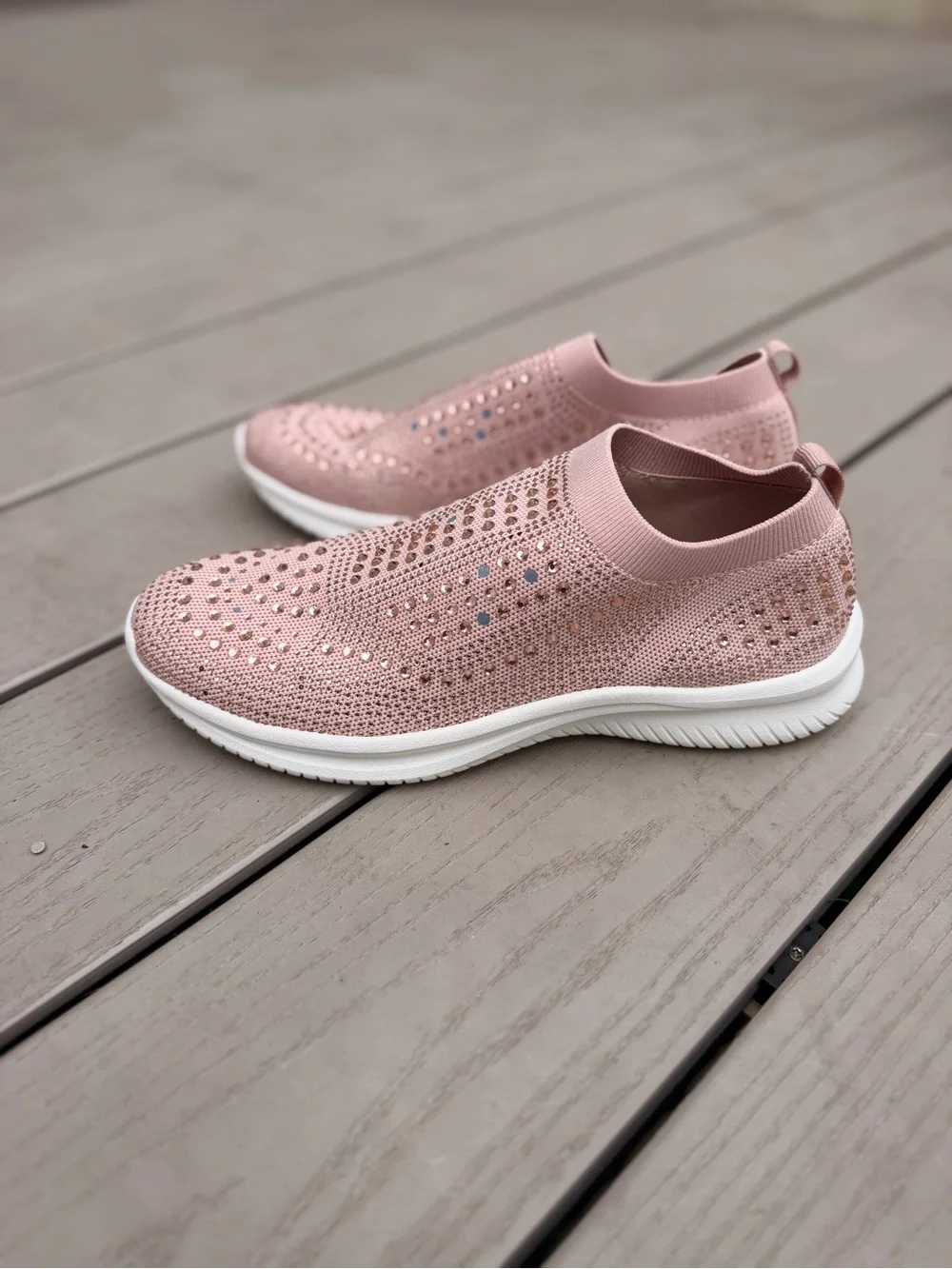 Slip-On Knit Sneakers with Crystal Accents - Blush Pink